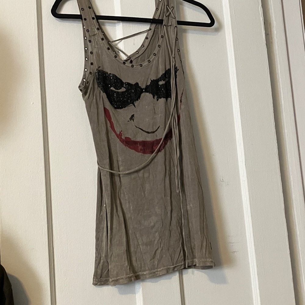 Salvage Taupe Sleeveless Tank with Black Sequin Mask and Red Smile Graphic